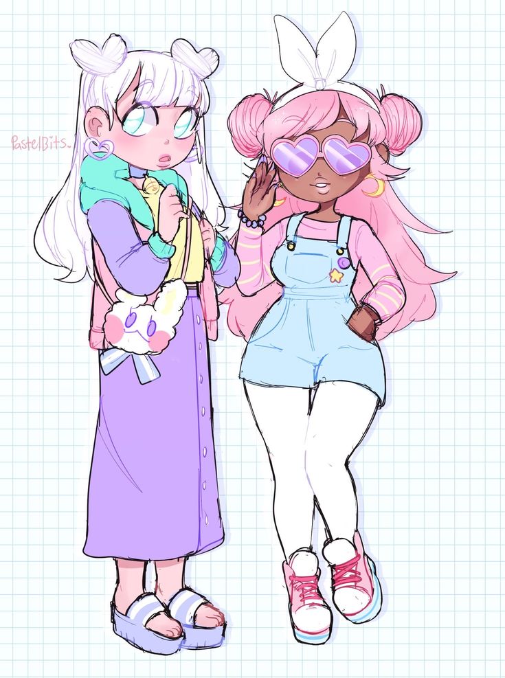 the illustration depicts two anime girls standing sidebyside. the girl on the left has white hair and is wearing a pastel purple skirt, a jacket with a green and yellow collar, and sandals. she has a white bunny purse. the girl on the right has pink hair and is wearing overalls, a pink shirt, white tights, and red sneakers. she is wearing heartshaped sunglasses. the girls are standing on a grid background.