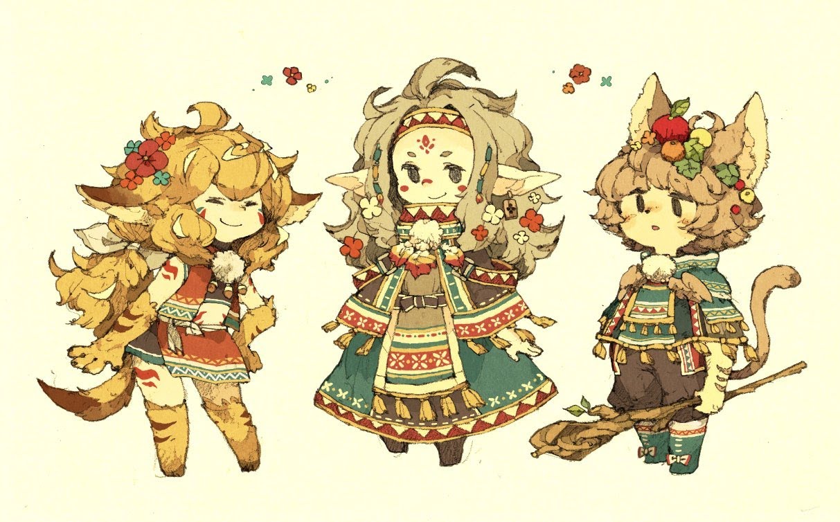 the image is an illustration of three whimsical cartoon characters. one character is a girl with fur and a tail, wearing a colorful dress. she has a flower crown on her head and is smiling happily. the second character is a girl with fur and pointed ears. she is wearing a long robe with tassels and is holding a small plush animal. the third character is a catlike creature with a fur hat adorned with fruit and leaves. it is wearing a poncho and holding a stick. the three characters are all standing on a white background, surrounded by simple flowers. the illustration is bright and colorful, filled with charming details and a sense of whimsy.