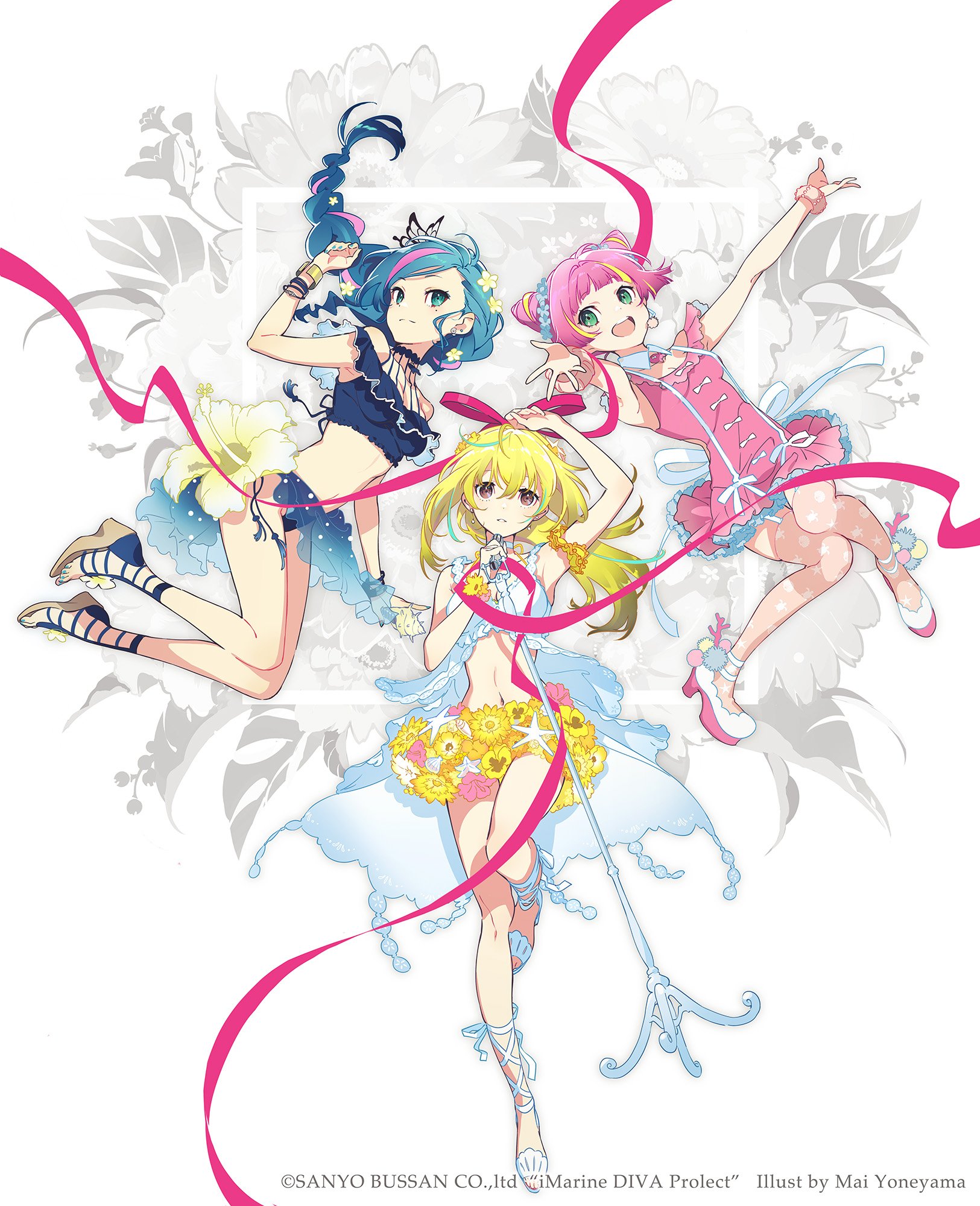 the illustration features three anime girls, likely idols, dressed in colorful, summery stage outfits, jumping in dynamic poses against a backdrop of floral patterns and flowing ribbons. the bright colors, soft lighting, and low angle perspective create a cheerful and energetic atmosphere, suggestive of a musical performance.