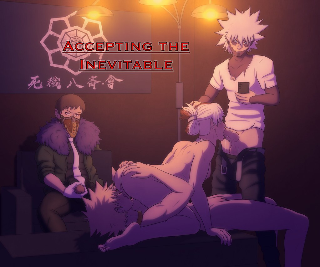 the image is a piece of explicit erotic fanart featuring characters that strongly resemble shigaraki tomura, dabi, and hawks from the anime series my hero academia. the art style is in the graphic novel/manga style with a dark, shadowy atmosphere. the scene depicts a sexual encounter between the three male characters in what appears to be an office setting at night. the characters are depicted in various states of undress, engaging in explicit sexual acts. a title card reading "accepting the inevitable" is present, adding a suggestive layer to the scene.  the artwork includes details like the recognizable costumes and features of the characters, ensuring recognizability for fans of the series.  viewer discretion is advised due to the explicit nature of the content.