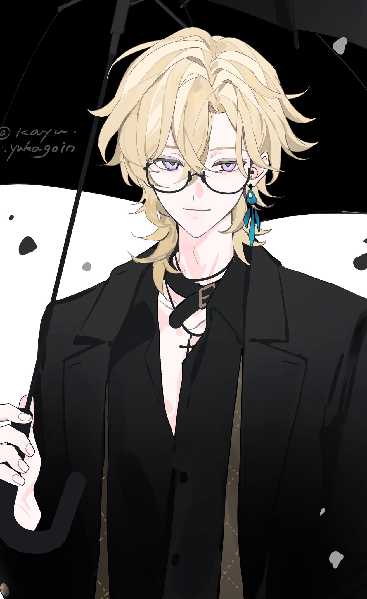 the image is a digital fanart of an animestyle male character. he has long blond hair, glasses, and earrings. he is wearing a black coat and suit.  he is holding a black umbrella. the art style is clean and soft. the background is simple and mostly white with a few dark spots. the overall mood is sophisticated and slightly melancholic.