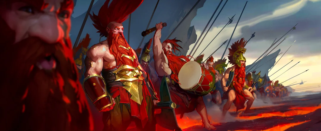 the image depicts a company of dwarven warriors marching across a fiery battlefield. they are clad in red and bronze armor, armed with axes and spears, with some carrying war drums. the scene is rendered in a dramatic, warm palette with strong sunlight highlighting the warriors against a backdrop of smoke and clouds.  the perspective is from ground level, emphasizing the scale and power of the dwarven army.