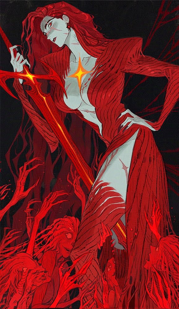 a woman in a red dress holds a large sword, her face is pale and her lips are a dark red. she is surrounded by red figures. they all have large, clawed hands reaching for the woman. the background is black and red. the image has an eerie, gothic, and dark feel.