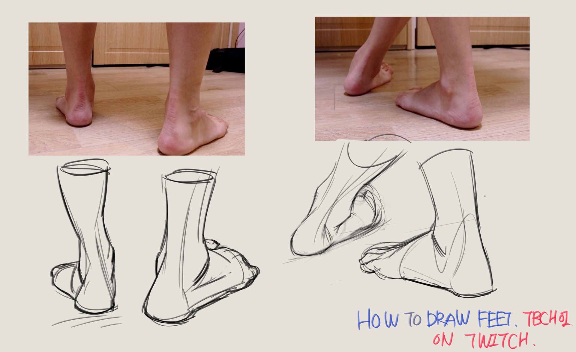 this image is a tutorial on how to draw feet. it shows reference photos of real feet from different angles, alongside simplified sketches demonstrating how to break down the form and structure of the feet for drawing. the sketches illustrate the basic shapes and lines to capture the essence of the feet. the bottom right corner includes a caption stating "how to draw feet, tbcho1 on twitch," indicating this tutorial is likely from a twitch stream. the overall style combines realistic reference with stylized simplified drawings to guide the learner.