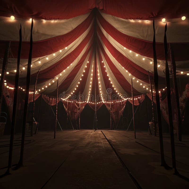 the image shows the interior of a circus tent at night. the tent is decorated with red and white stripes and illuminated by strings of lights. the space is empty and dimly lit, creating a mysterious and somewhat ominous atmosphere. several dark poles are visible supporting the tent's structure, while ropes and fabric add to the vintage carnival aesthetic.