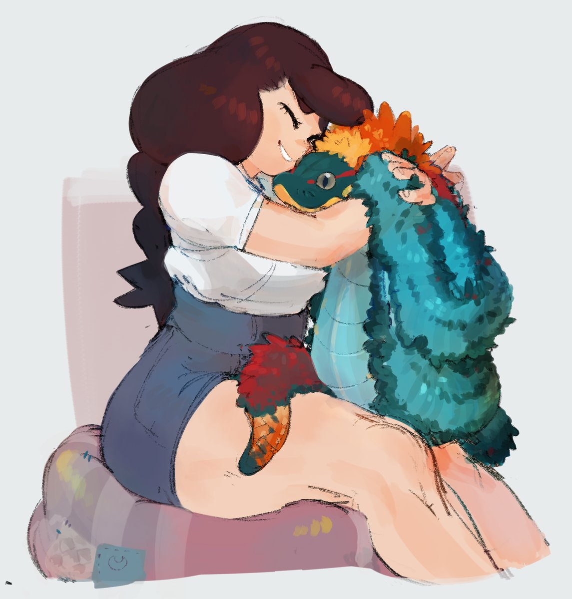 this is a digital illustration of a woman with brown hair, wearing a white shirt and blue skirt, sitting on a couch and hugging a large teal and green creature with orange spikes and a red head. the woman is smiling and the creature is looking at the viewer. the woman is holding the creature very tightly and the creature is wrapped around her. they both seem very happy and content. the image is drawn in a cartoon style and is very colorful.
