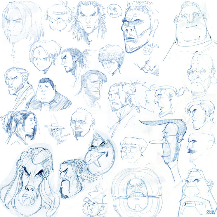 the image is a collection of sketches of male faces. the sketches are done in blue pencil on white paper. the faces are all different, with a variety of expressions. some of the faces are realistic, while others are more cartoonish. the sketches are all done in a loose, sketchy style.