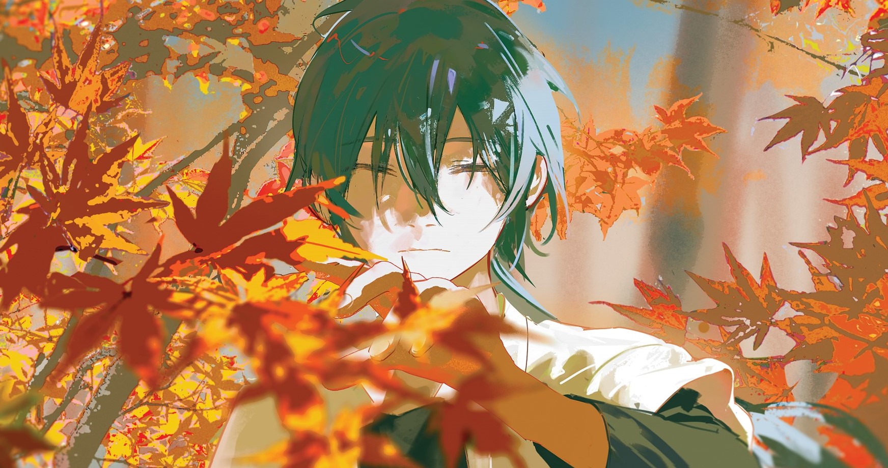 this is a digital illustration of an anime boy with green hair standing in a forest of red maple leaves. the boy has a serene and thoughtful expression on his face and appears to be surrounded by the beauty of the fall foliage. the image has a soft and romantic feel. it is set in a fantasy world and is reminiscent of japanese art and culture.