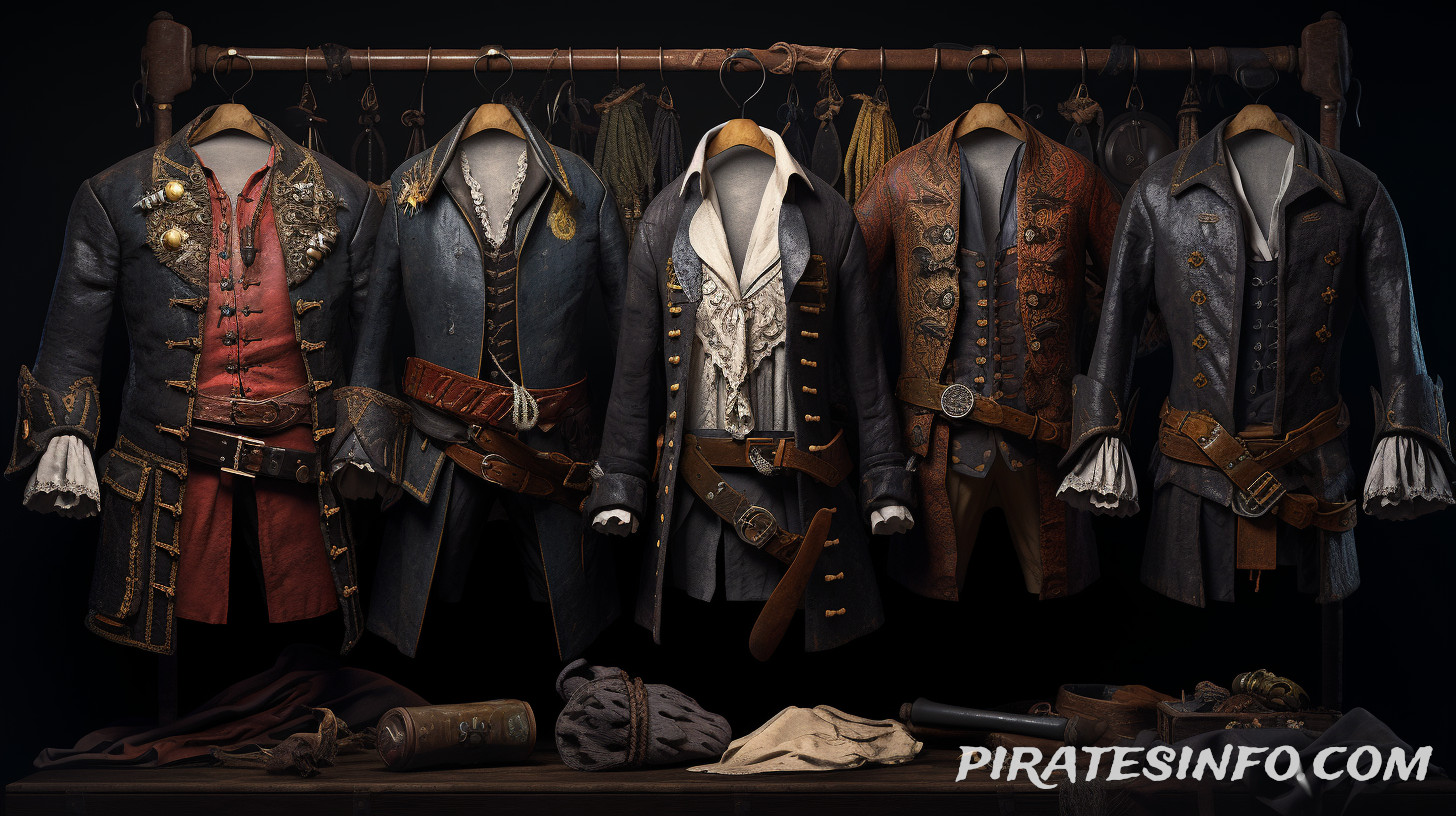 a collection of six intricate pirate costumes hang on a wooden rack in a dimly lit setting. the costumes are all different styles, featuring elaborate designs and accents like gold trim, leather belts, and lace accents. the costumes are presented on a wooden table with some props including a hat, a wrapped package and a small cannon. there is a watermark for piratesinfo.com at the bottom of the image.