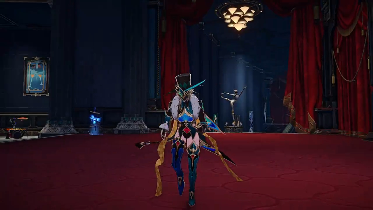 a female character in a blue and gold armor, wearing a top hat, stands on a red carpeted stage with a dark, ornate backdrop. she is holding a sword. the character's hair is white and her eyes are blue. the character appears to be from a fantasy anime video game.
