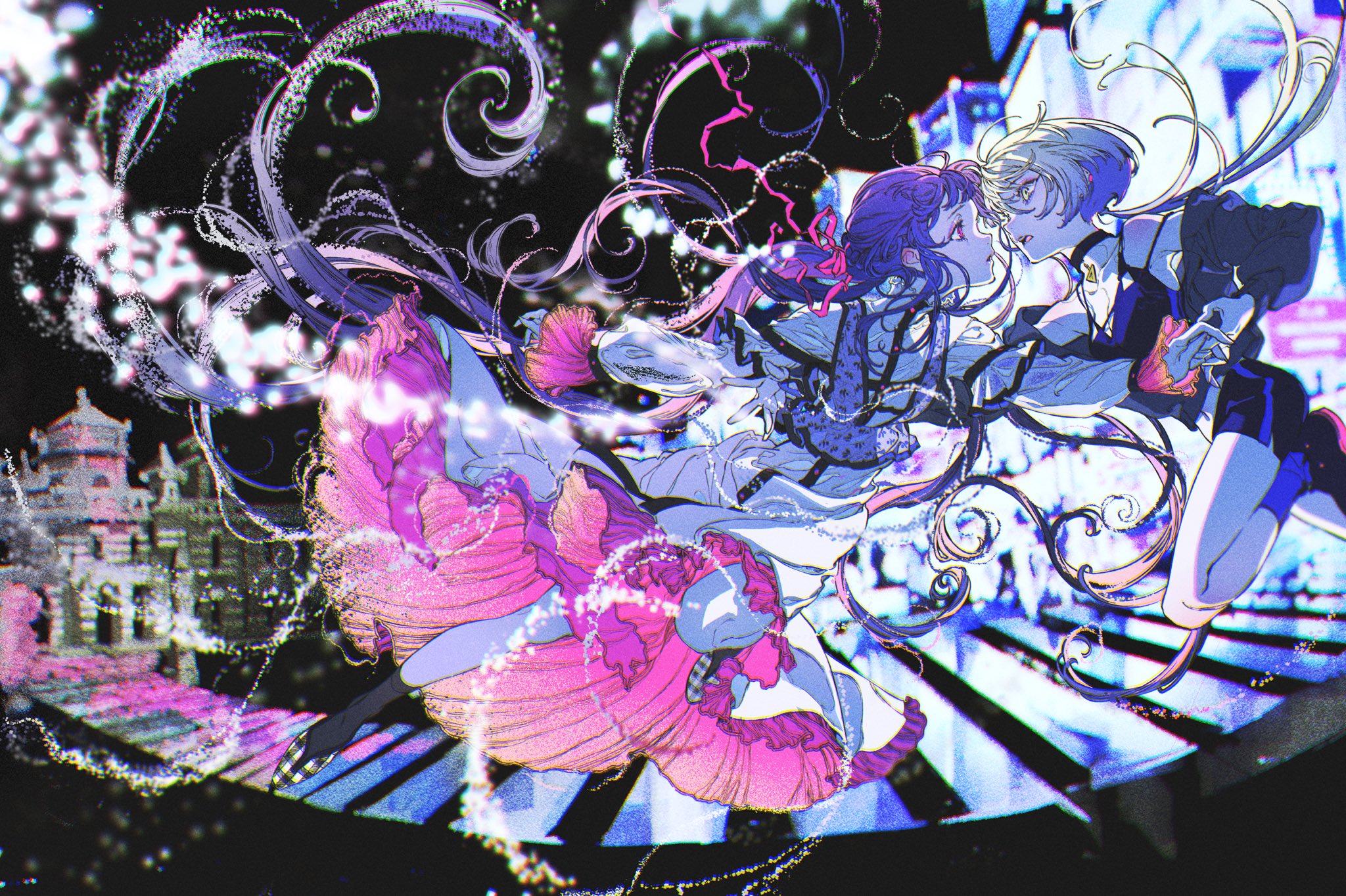 the illustration features two girls engaged in a dynamic scene, seemingly a fight, set against a vibrant and abstract urban backdrop. one girl, with long black hair and a white and purple dress, appears to be falling or floating, while the other girl, with short blonde hair and a black and red outfit, leans forward in a dynamic pose. the scene is filled with swirling, magical energy, and the background hints at a city street with a crosswalk and a distant building. the color palette is a striking mix of dark purples, pinks, and blues, creating a sense of both energy and mystery.