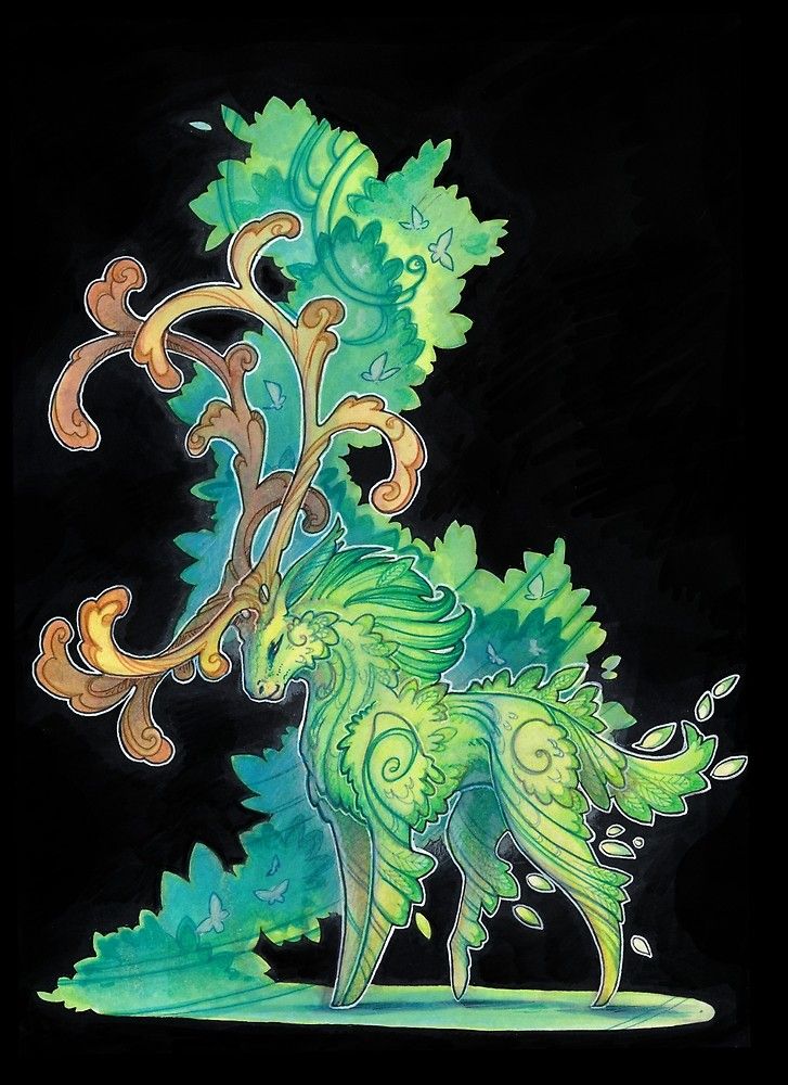 the image depicts a fantasy creature that appears to be a blend of a deer and a tree spirit. the creature is predominantly green, with its body adorned with swirling patterns resembling foliage. its antlers are shaped like ornate, curved branches with a brown and gold coloration. surrounding the creature are stylized green leaves and faint butterfly silhouettes, all set against a stark black background. the artwork has a watercolor or painted feel, with soft edges and a dreamy quality. the overall composition evokes a sense of enchantment and nature.