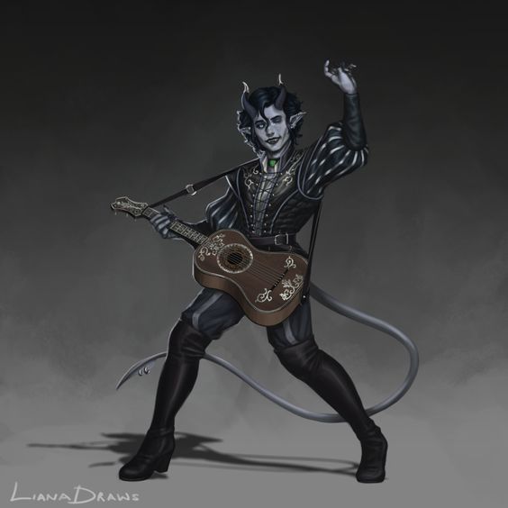 the illustration features a blueskinned tiefling bard confidently posing with a lute. the tiefling is dressed in a stylish, black and grey doublet and breeches. their outfit is accented with white ruffles and a green cravat. they have short, black hair with a windswept fringe and sharp, pointed ears. a long, thin tail extends from their lower back and curls around their left leg. the lute is ornately detailed with gold accents. the background is a simple, dark grey.