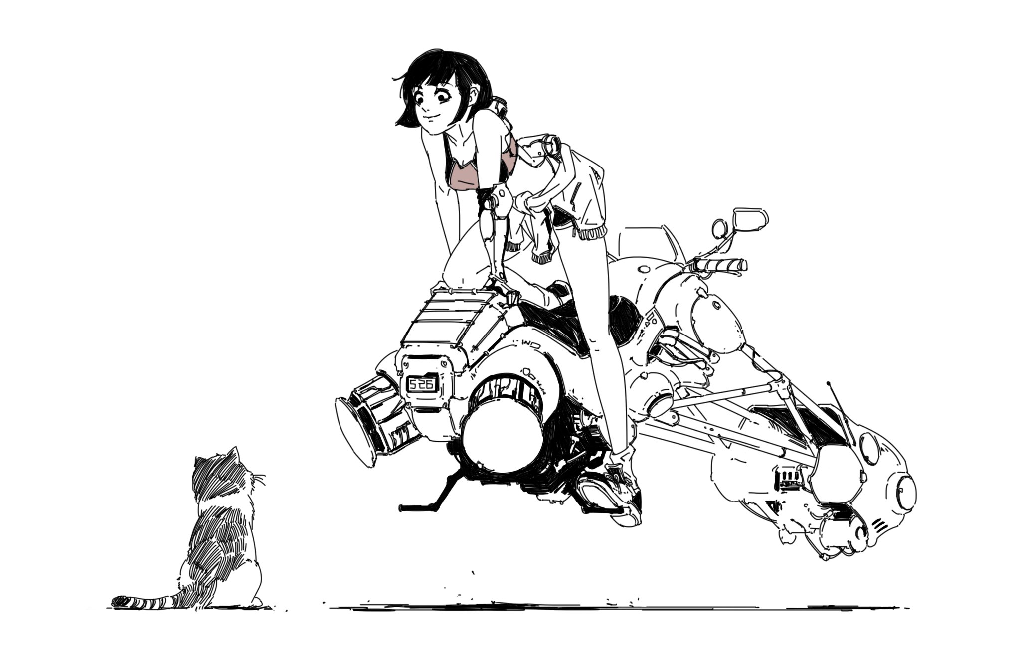 the image is a black and white illustration or drawing, possibly in an anime or cyberpunk style. it depicts a young woman with short hair sitting on a futuristic, highly detailed motorcycle or motorbike. the woman appears cheerful and is looking towards a small cat that is sitting on the ground. the style is sketchy and dynamic, with loose lines and shading suggesting movement. the overall feel is imaginative and stylish.