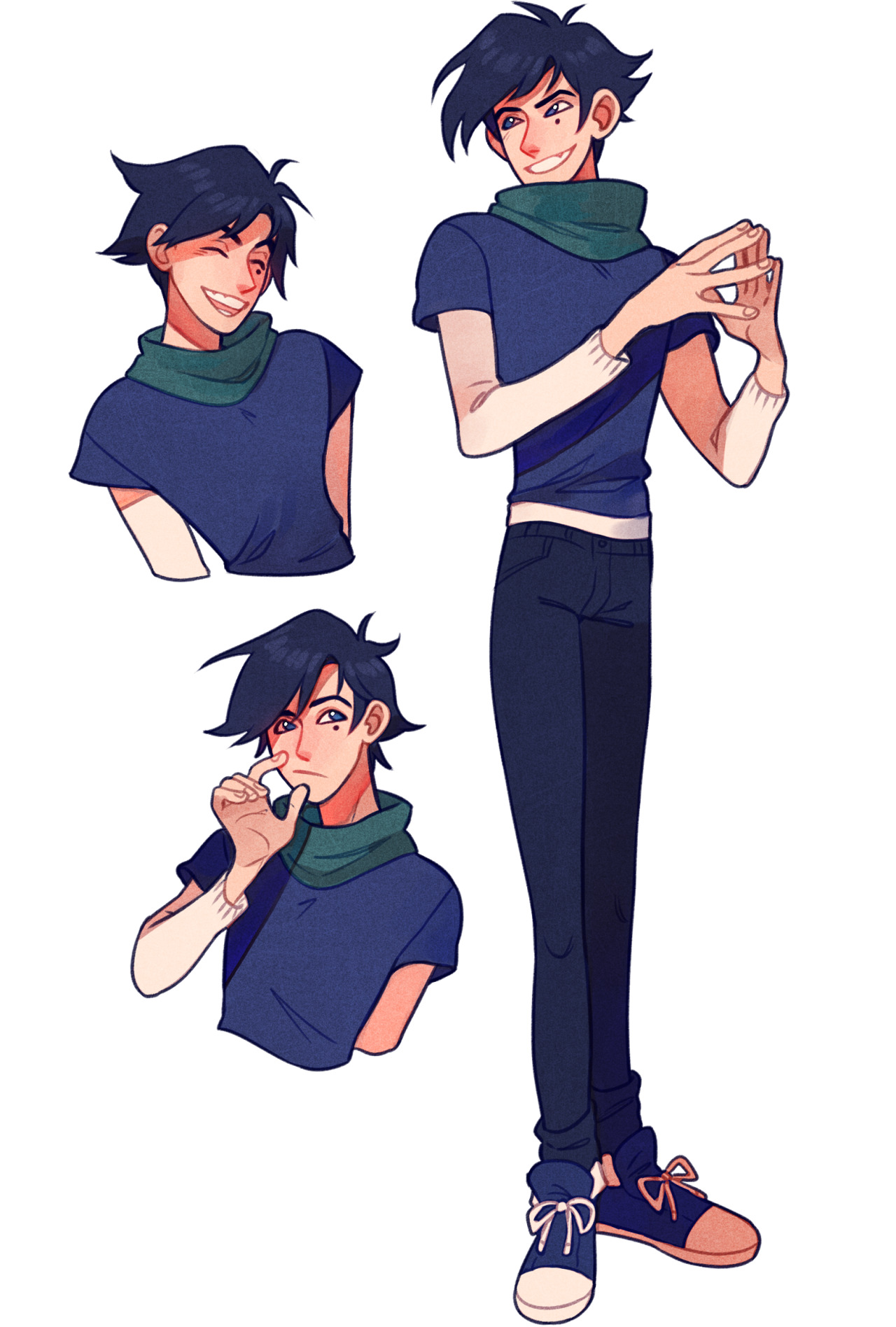 a digital illustration of a male character design sheet. the character has black hair, brown eyes, and is wearing a blue shirt, dark blue pants, white arm bands, and a teal scarf. he is posed in different expressions.  there are three different headshots showing different angles and expressions.