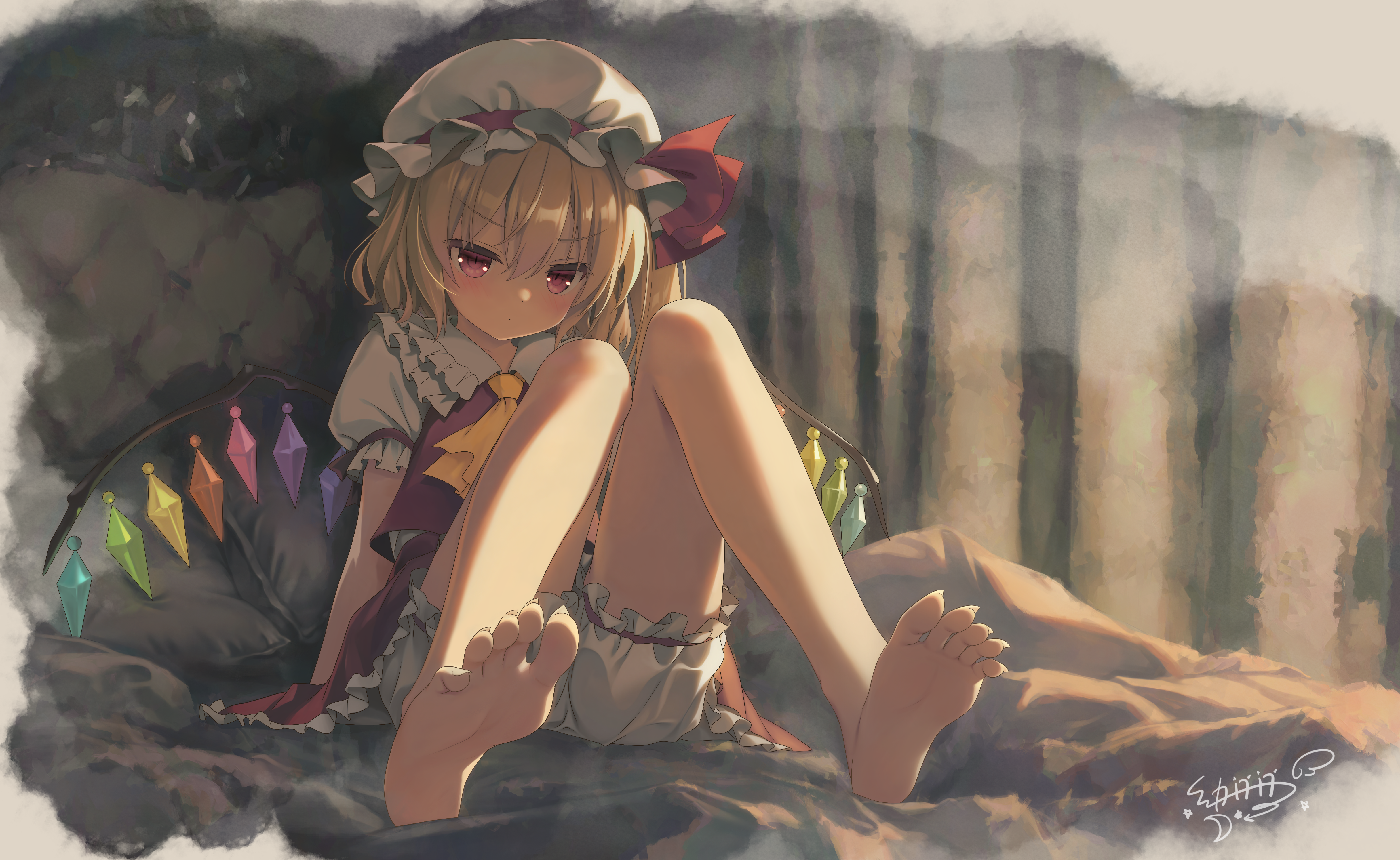 the image is a digital illustration of flandre scarlet, a character from the touhou project series. she is a young girl with blonde hair and red eyes, wearing a white bonnet with a red bow and a frilly red and white dress. she is sitting on a bed with her legs crossed, barefoot. behind her is a pillow decorated with colorful diamonds. the style is reminiscent of anime, and the image appears to be fan art.