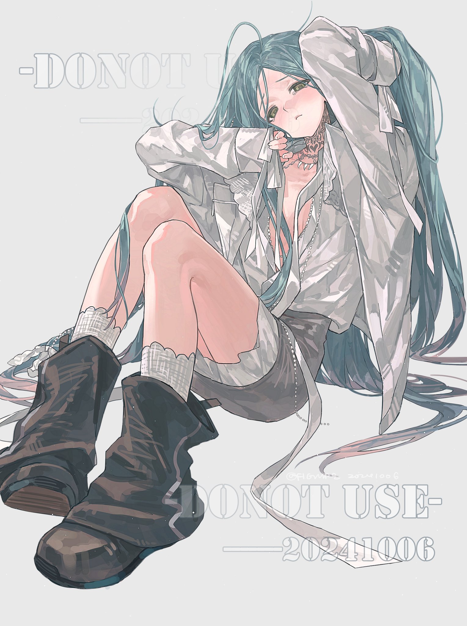 an anime illustration depicts a girl with long, flowing blue hair, pale skin, and a sad expression. she is sitting down, wearing an open white shirt, a short gray skirt, frilly white socks, and black boots. a choker adorns her neck. the words "donot use" are faintly visible as a watermark on the image.