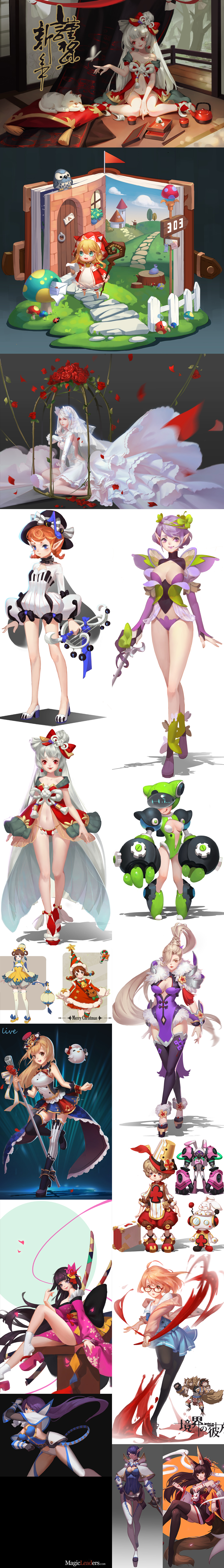 the image features a variety of anime girl characters with different weapons and poses. they are all set against different colorful backgrounds. the image is a great example of anime art, with its vibrant colors, exaggerated features, and dynamic poses.