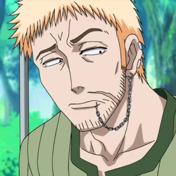 a drawing of an adult man with short blond hair and stubble. he has a chain earring in his left ear and is wearing a green shirt. he is looking slightly to the left of the viewer with a skeptical or unimpressed expression. the background is green and blue, suggesting an outdoor setting. the style of the drawing is anime or manga.