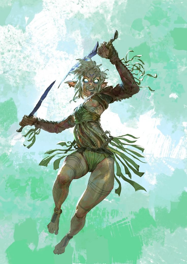 a digital fantasy illustration depicts a female elf warrior, her pale skin contrasting with the green hues of her tattered attire and the forestlike background. she is in a dynamic action pose, wielding two swords with aggression and determination etched on her face. her glowing eyes and sharp teeth add to her fierce appearance. the elf wears makeshift leather armor and green cloth, with braids accentuating her wild hair. she is barefoot, wearing anklets and tribal markings on her legs. the background is light, suggesting an ethereal or daylight setting. scars are visible on her body.