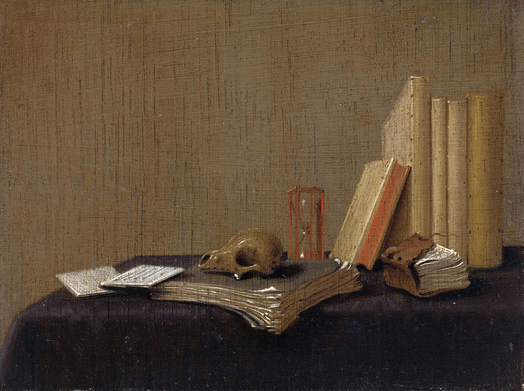 the image is a still life painting featuring several objects arranged on a table against a plain, muted background. a skull rests on top of a stack of papers or a book, alongside an hourglass. there are several books, some standing upright and some lying down. the color palette is dominated by dark tones, with browns and grays being prominent. the style of the painting is reminiscent of academic art and it reflects vanitas themes.