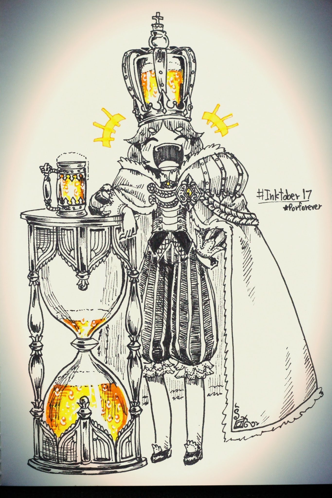 this is a handdrawn illustration of a king wearing a crown and drinking beer from a glass. he is standing next to a large ornate hourglass. the illustration is done in black ink on white paper and has a whimsical feel. the background is a light yellow.  a caption "inktober 17" is written in the corner of the illustration.