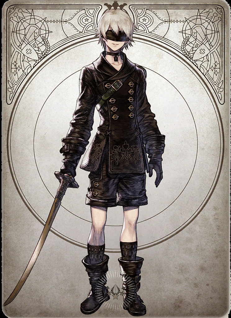 the image is a digital artwork of the video game character 9s from nier automata. the character is an android with short white hair, blindfolded, and is wearing a black military uniform with gold accents. he is holding a katana by his side and is standing in a neutral pose. the background is a decorative frame with floral patterns in a vintage style.