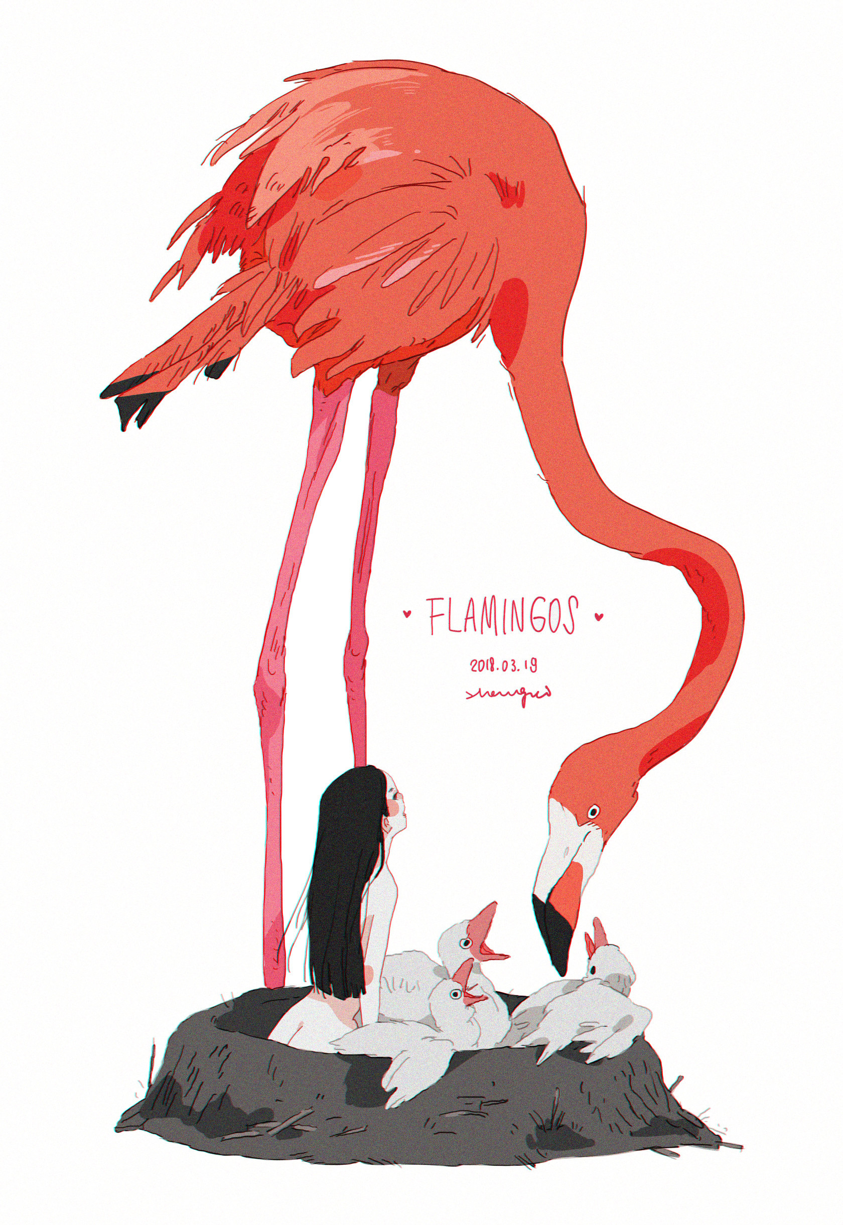 a digital illustration of a pink flamingo, it has its long neck bent down to look into a nest that has 3 young chicks. a woman is also in the nest. she is staring up at the flamingo with her mouth slightly open as if in awe. the art is done in a cartoon style.