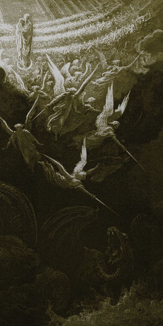 the image depicts a scene of intense battle between angels and demons. the angels, bathed in divine light, descend from heaven with swords drawn, while the grotesque demons writhe in the shadows below. the perspective is from the ground, looking up at the celestial conflict unfolding.