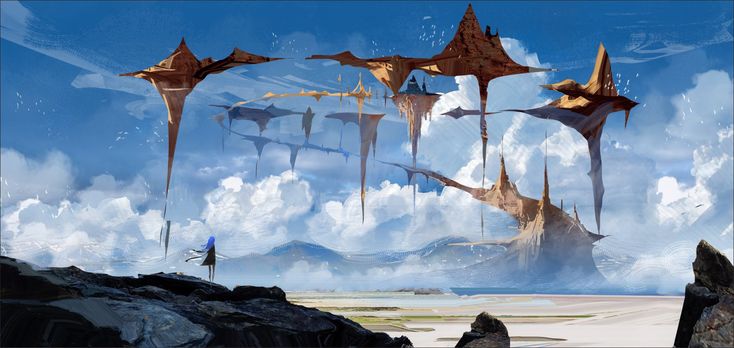 the image depicts a fantasy landscape with floating islands and various structures suspended in the sky. the islands are a brownish color, with sharp edges and long, thin spires extending downward. below, there's a ground level with a shoreline, beachlike area, and distant mountains. in the foreground, there's a rocky outcrop where a figure stands: an animestyle female with long blue hair and a black dress, looking out at the scene. the sky is blue with white clouds, and the lighting is soft, creating a dreamy and otherworldly atmosphere.