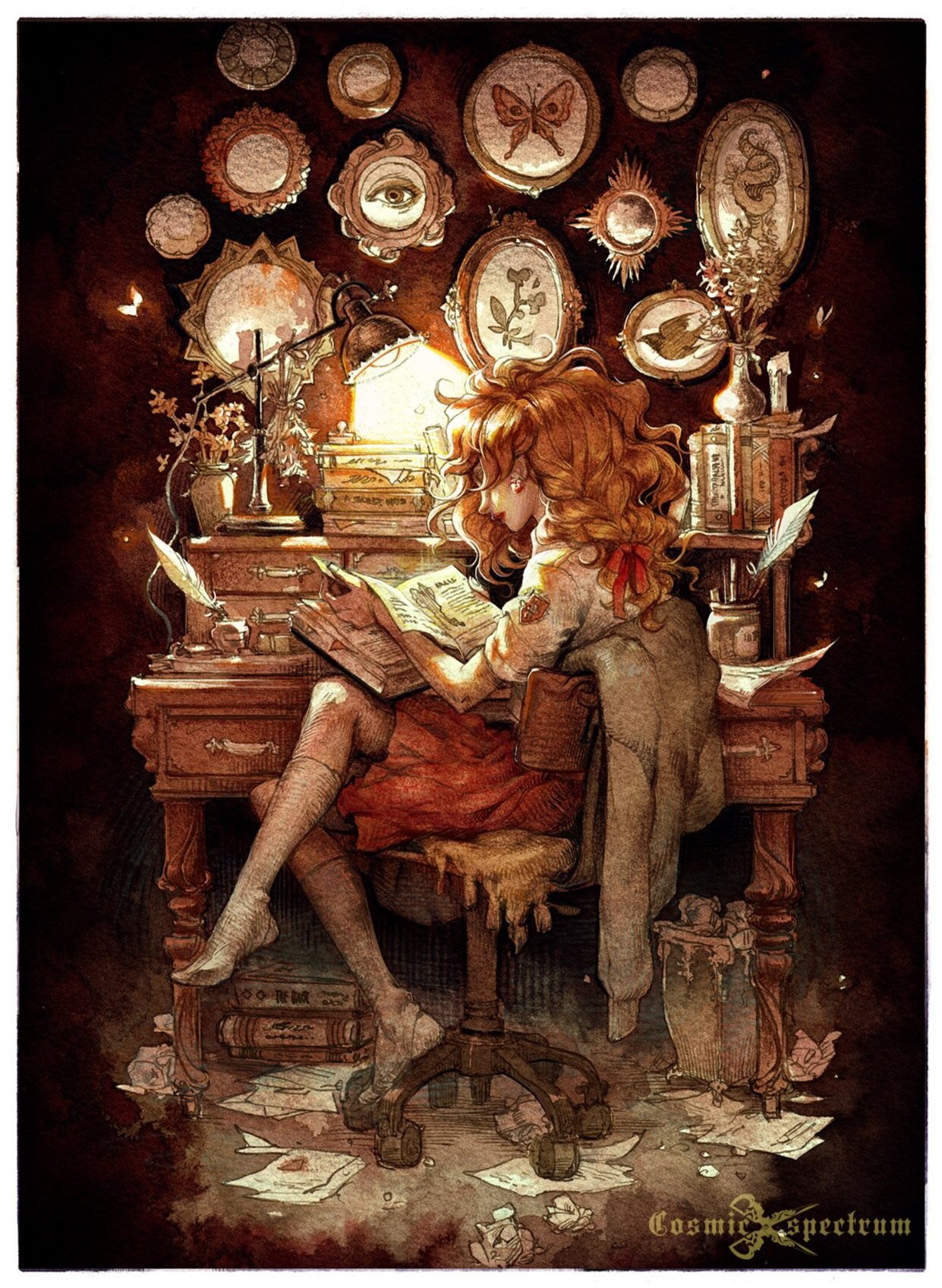 the image is a watercolor painting depicting a young woman with long, reddishbrown hair seated at an antique wooden desk. she's engrossed in reading a book, illuminated by a desk lamp. the desk is laden with books, writing materials, and various decorative items.  the background features a wall adorned with several ornate mirrors and framed pictures containing symbolic imagery, such as butterflies, an eye, and a serpent. the overall style is whimsical, romantic, and evokes a feeling of fantasy or mystery, with a rich color palette dominated by warm browns, reds, and golds. the image has a detailed and intricate style, showcasing the artist's skill with watercolor.  a signature, "cosmic spectrum," is visible in the bottom right corner.