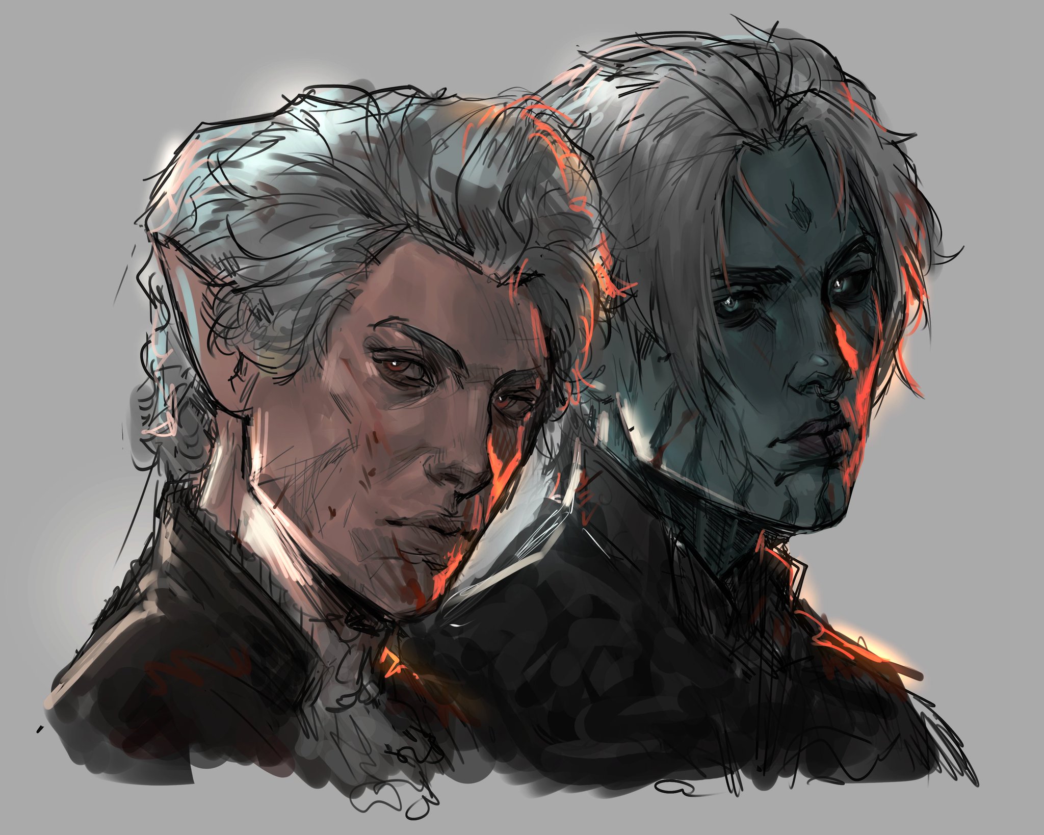 a digital artwork featuring two men, possibly vampires, rendered in a sketchlike style. the men are depicted in a shoulder portrait. one character has white hair, elf ears, and bloody marks on their face. the other has a blueish skin tone. they are both dressed in dark attire. the artwork has elements of fantasy, horror, and gothic aesthetics.