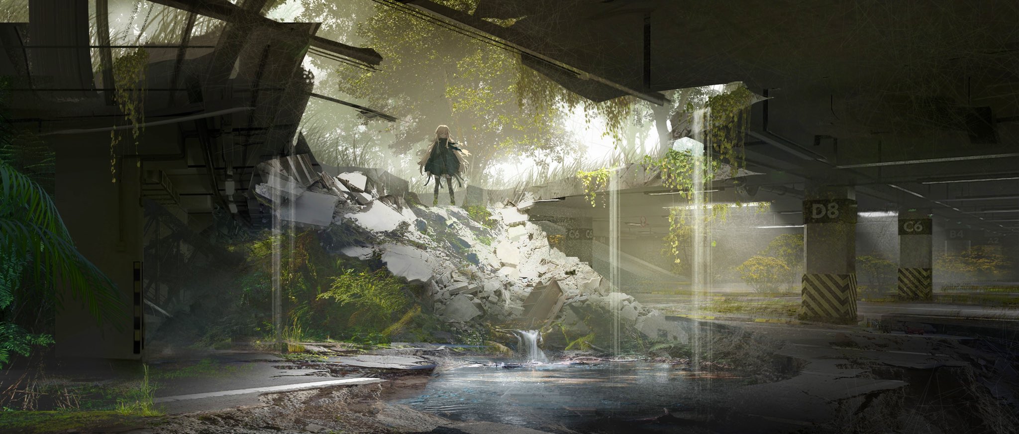 the image is a digital painting depicting a postapocalyptic scene.  a young girl with blonde hair, dressed in dark clothing, stands atop a pile of rubble in a severely damaged and overgrown parking garage.  the structure's ceiling has partially collapsed, allowing sunlight and vegetation to penetrate.  lush greenery, vines, and small plants have taken root within the decaying concrete structure.  a small waterfall trickles down the rubble towards a pool of water at the base of the ruins.  the overall atmosphere is a mix of serenity and desolation, conveying a sense of mystery and the passage of time.  the style suggests elements of both anime and fantasy art. the scene is highly detailed and evocative, conveying a story of environmental collapse and the resilience of nature.