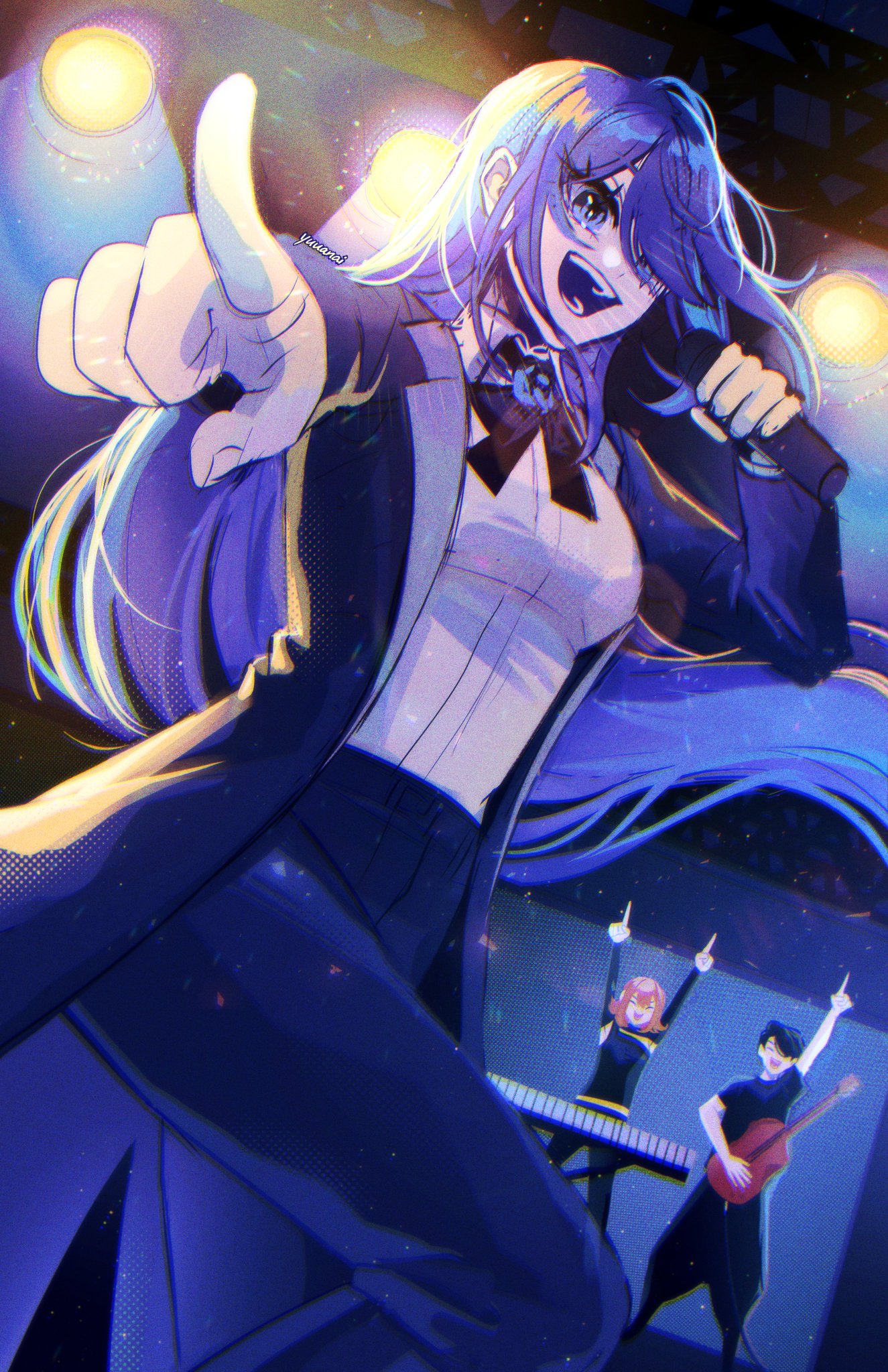 an anime girl with long blue hair is singing on stage with a microphone. she is wearing a suit jacket and has a serious expression on her face. the background is a dark stage with a spotlight shining on the girl. there are two other people in the background, a girl playing the keyboard and a guy playing an electric guitar. the atmosphere is exciting and energetic.