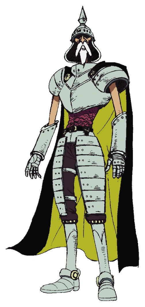this is a character design showcasing a tall, older man clad in stylized armor. he has a long white beard and wears a pointed helmet. his armor is primarily grey with gold accents and includes a cape, gauntlets, and boots. he is positioned against a plain white background. the overall style suggests a fantasy or comic book aesthetic.
