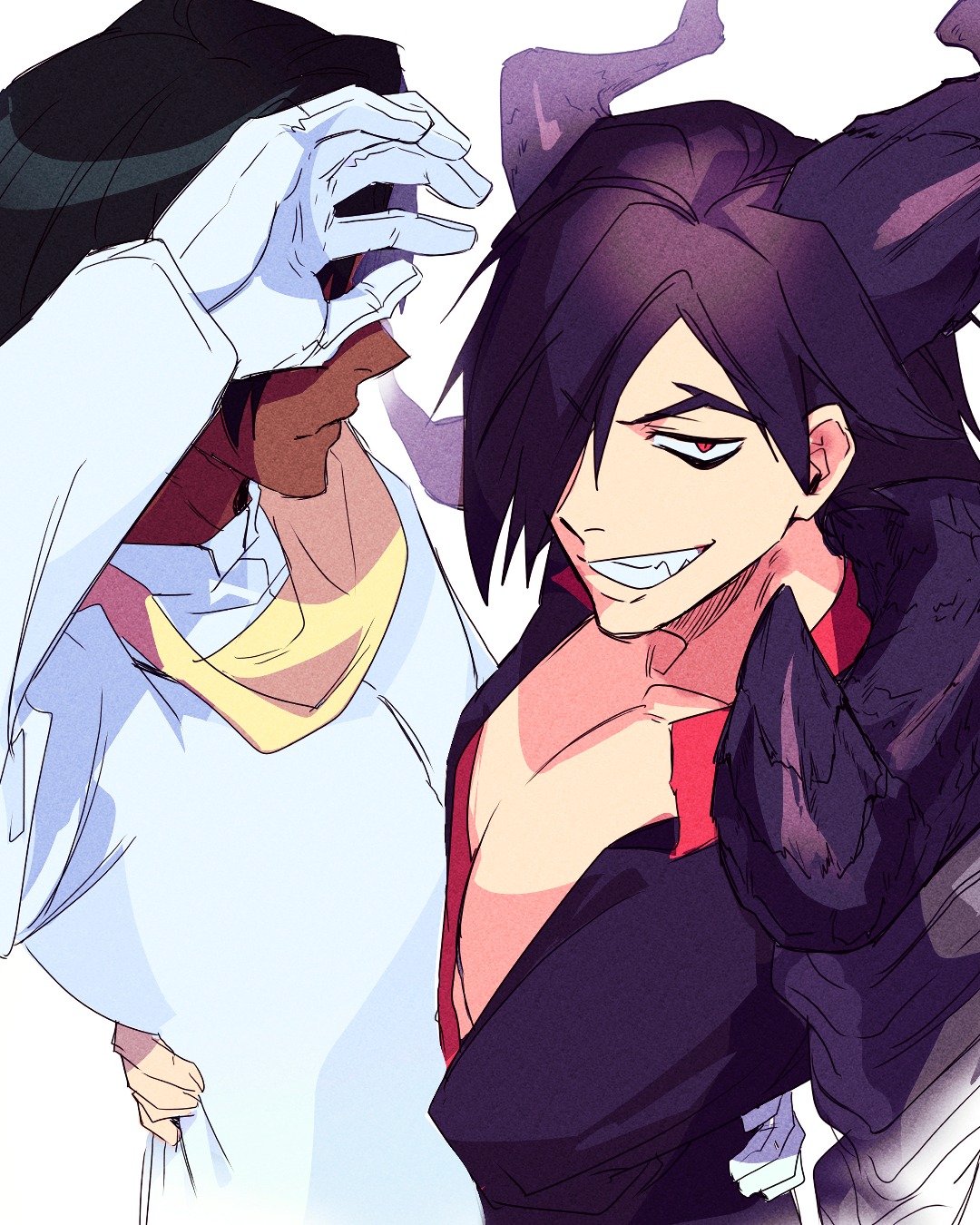 the image is a digital fanart depicting two animestyle male characters in a close embrace.  one character has dark hair, sharp features, and devillike horns, wearing a dark, stylized outfit. the other character has darker skin and is wearing a lightcolored, almost robelike garment, partially obscuring his face with his hand. the overall style is dynamic and expressive, with a focus on the characters' close proximity and contrasting appearances. the color palette is vibrant, featuring purples, reds, and blues against a lighter background.  the scene suggests a romantic or emotionally intimate connection between the two characters.