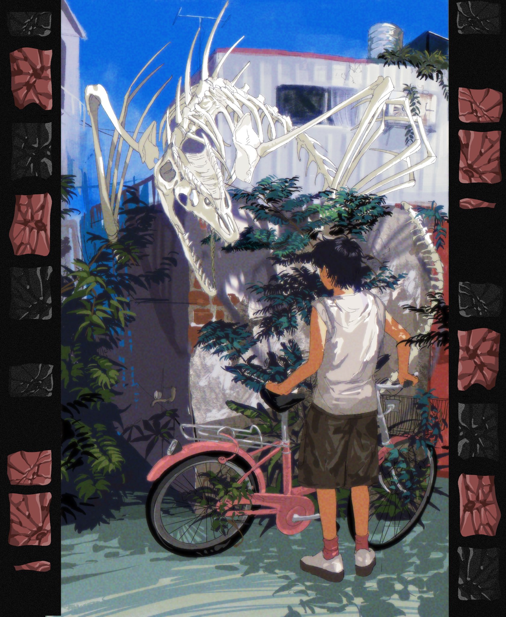 a young man with short dark hair wearing a white tank top and tan shorts stands next to a pink bicycle, staring in awe at a giant, skeletal dragon looming over him in an overgrown alleyway. sunlight illuminates the scene, casting distinct shadows.
