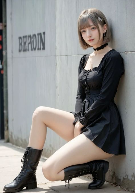a young asian woman wearing a black dress and boots poses against a gray wall. she is wearing a black choker and has short bangs. her dress is fitted and her skirt is short.  her boots are tall and laceup. her legs are crossed and she has her hands on her lap. the background of the image is a city street.