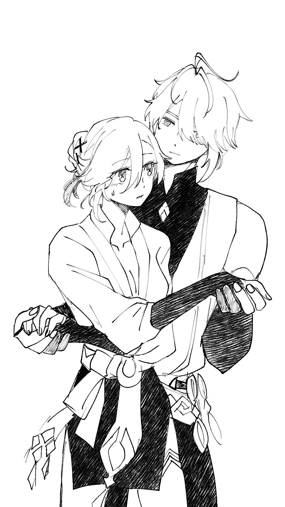a black and white sketch of a young couple, possibly from an anime or manga, hugging each other affectionately. the female is on the left, smiling with her eyes closed, while the male on the right, has a more subdued expression, looking at the viewer. they are both dressed in casual clothing and appear to be enjoying each other's company. the artwork captures a sense of intimacy and happiness.