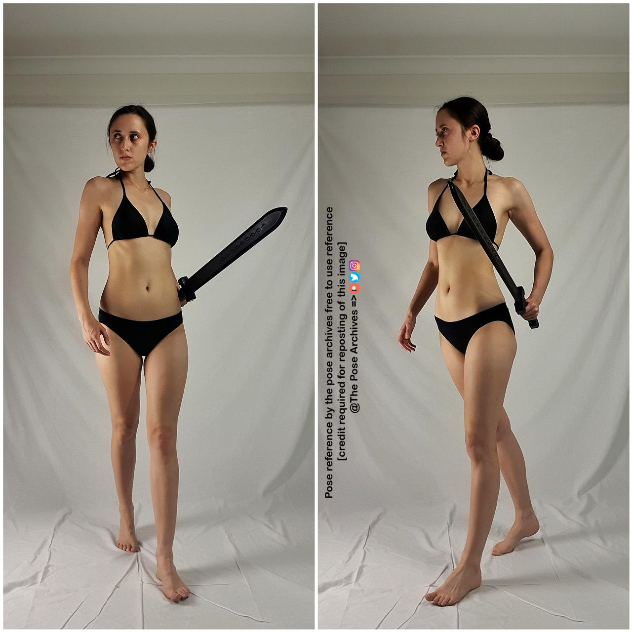 the image shows two identical poses of a woman in a black bikini holding a sword. the poses are sidebyside against a white background. the woman has dark hair tied back and is looking directly at the viewer. the image appears to be a pose reference for artists.