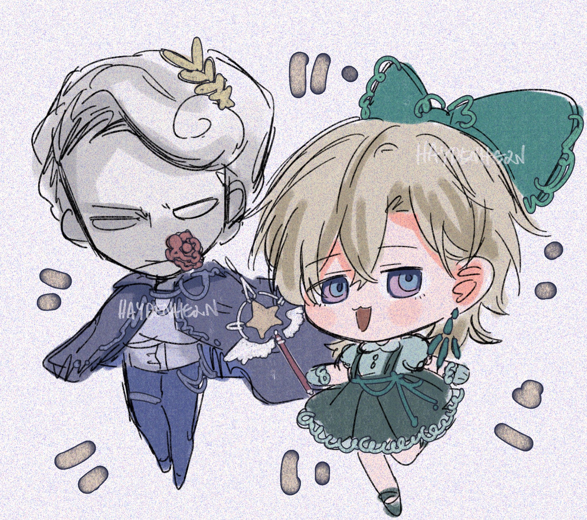 two chibi characters, a boy and a girl, are drawn in an anime style with simple lines and shading. the boy has white hair and a green feather, and he is dressed in a dark jacket with a blue shirt and pants. he holds a magic wand with a star on top. the girl has blonde hair with a green bow and is wearing a green dress. her eyes are wide and filled with happiness. the background of the image is light blue with white dots.  this image suggests a playful and happy moment between two friends, with the boy holding a magic wand and the girl with a big smile on her face.