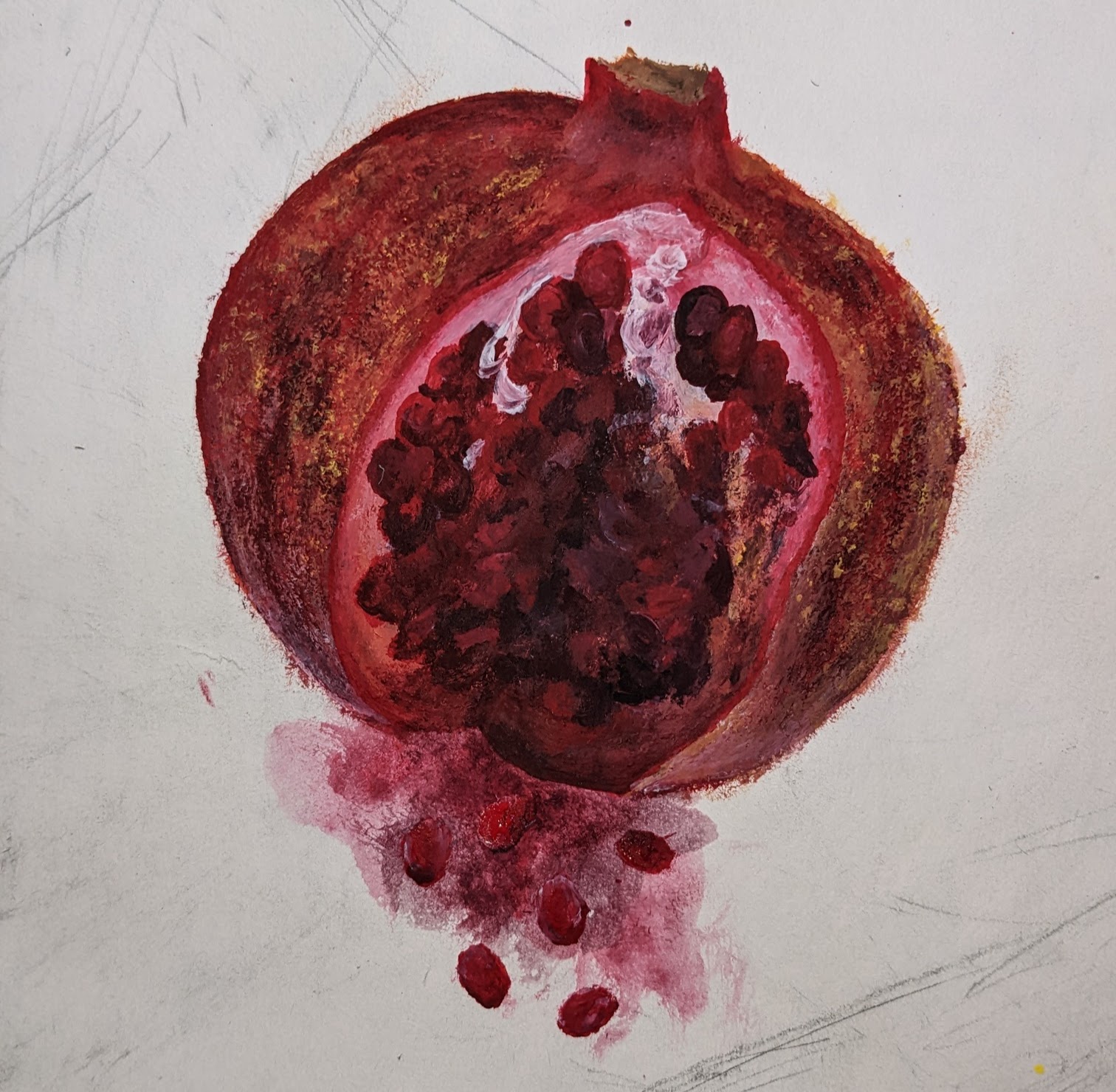 a painting of a pomegranate with red seeds. the fruit is cut open, revealing the juicy seeds. the painting is done in watercolor or gouache, with a soft, muted color palette. the background is a simple white, making the pomegranate the focus of the image. the style of the painting is realistic, capturing the details of the fruit and seeds.