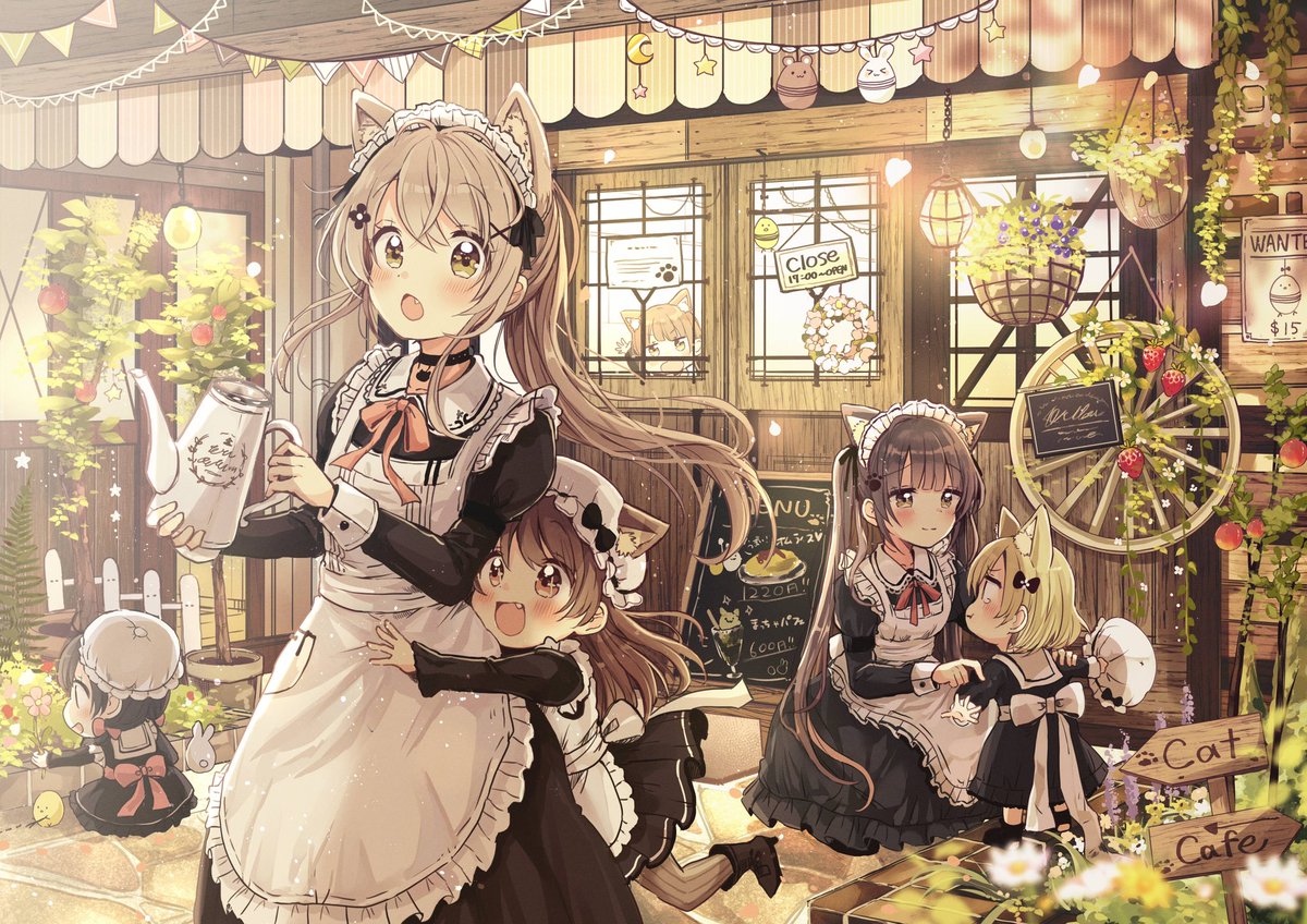 the image is a vibrant and whimsical digital illustration featuring multiple animestyle girls dressed as maids in a charming cat cafe setting. the main character, a girl with long brown hair and catear maid attire, is prominently displayed holding a teapot, seemingly serving customers or other maids.  two other younger girls, also in maid outfits, are interacting near her; one of them is hugging the main character.  the cafe is depicted with a rustic wooden exterior, decorated with flowers, hanging plants, and various signs, including a "cat cafe" sign. the overall style is incredibly cute and pasteltoned, creating a peaceful and inviting atmosphere. the detailed background includes various elements that contribute to the overall setting, such as a menu board and a "close" sign. the artwork seems to portray a friendly and joyful scene in a cozy cafe.