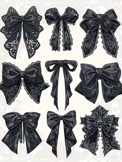 an illustration showing a collection of black bows with different designs and styles. some have lace, while some have a more satin look. the background is a light grey.