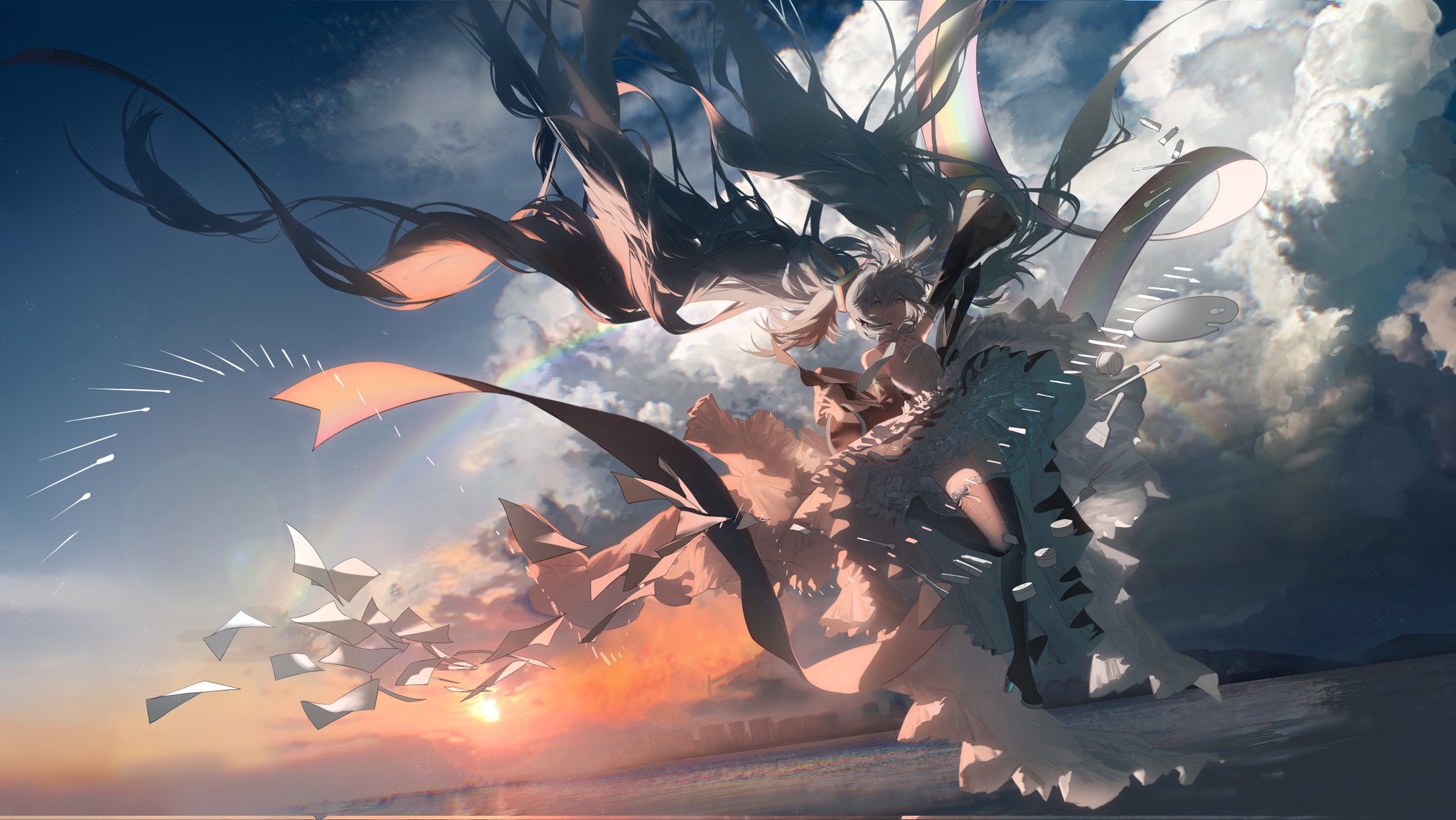 he image is a digital painting of an anime girl with long flowing hair. she is wearing a flowing, lightcolored dress and is seemingly floating in the air, amidst a dramatic sky filled with clouds, a setting sun, and rainbows. the style is vibrant and dynamic, with a focus on motion and energy.  ribbons and papers seem to be carried on the wind around her.  the overall feeling is magical and ethereal. the background shows a calm ocean and a shoreline in the distance.