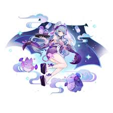the image is an illustration of an animestyle girl with blue hair, wearing a purple and white outfit, and holding a tray with food items. she is surrounded by fantasy elements, including bat wings, stars, clouds, and cute purple creatures. the overall aesthetic is magical, kawaii, and fantasythemed.