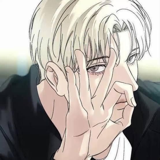 the image is a closeup illustration or drawing in an anime/manga style depicting a young man with light blond or white hair. his hair is styled in a slightly tousled and modern fashion.  he's partially covering his face with his hand, obscuring one eye, giving a shy or pensive expression. his features are sharp and delicate, and his eyes are highly detailed.  the art style has a clean and elegant look, likely inspired by korean webtoons or manga. the overall color palette is mostly grayscale with subtle shading and linework to create depth and texture. the character appears handsome and stylish, conveying a sense of mystery.