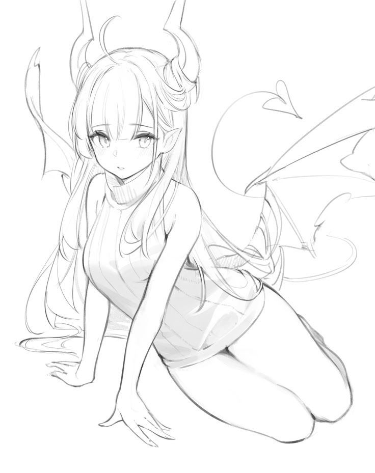 the image is a grayscale pencil sketch or digital drawing in an anime style. it depicts a young woman with long hair, demon horns, and large, feathery wings.  she is wearing a simple, formfitting sweater and is kneeling on the ground. the style is delicate and somewhat suggestive, emphasizing soft lines and a graceful pose. the overall impression is one of fantasy and cuteness.