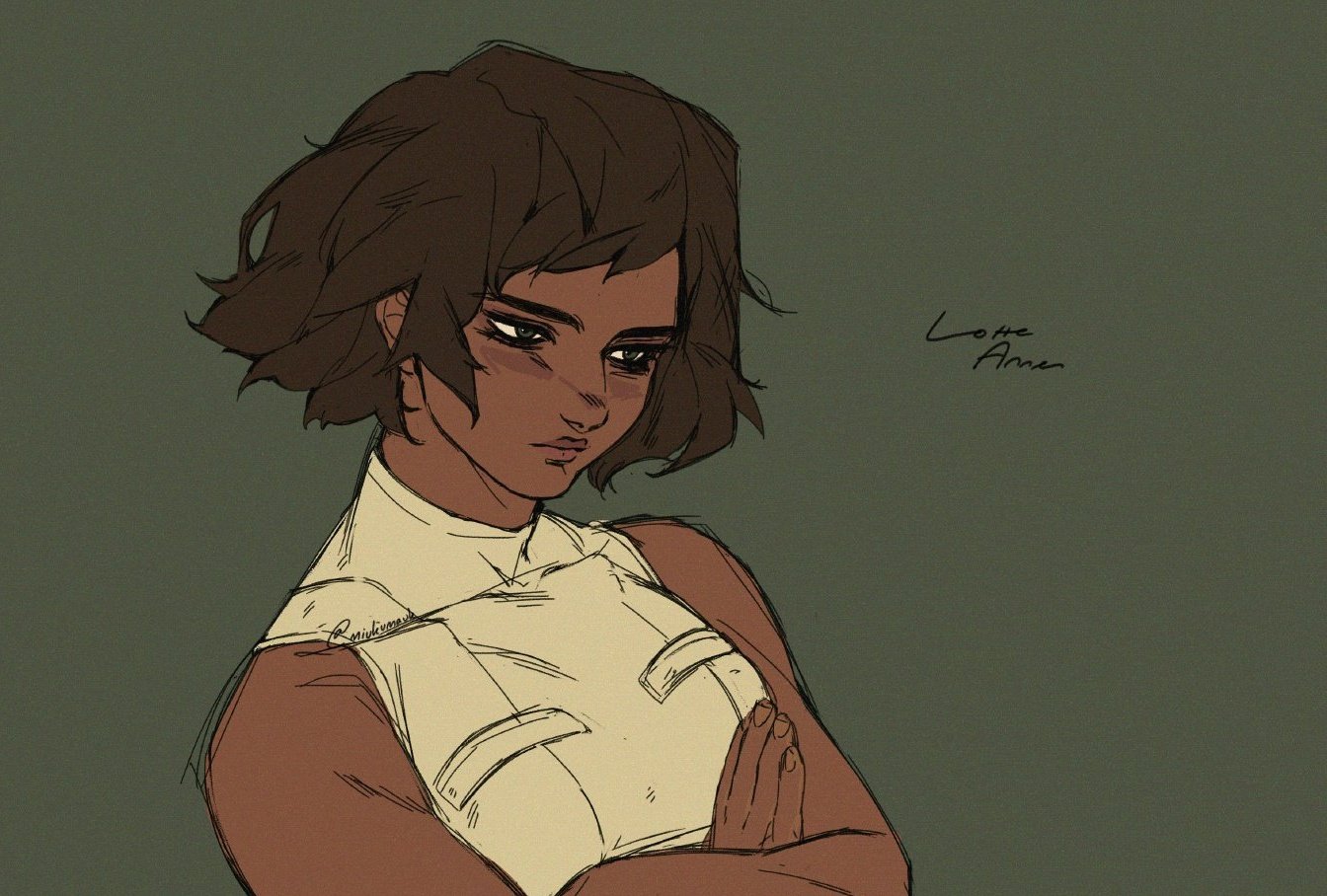 a digital illustration of a woman with short brown hair and brown skin. she is wearing a white shirt and has a concerned expression. the background is green. the artwork is in a manga style.