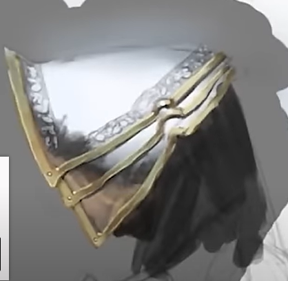 a digital drawing of a knight's helmet, crafted from white metal and gold accents.  the helmet features a series of articulated plates designed for maximum head protection without sacrificing visibility.  the detail is finely rendered, suggesting a high level of craftsmanship.  the artwork is a concept design, possibly for a video game or fantasy illustration.